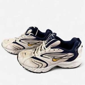 Nike Men's White and Navy Running Sneakers with Yellow Swoosh